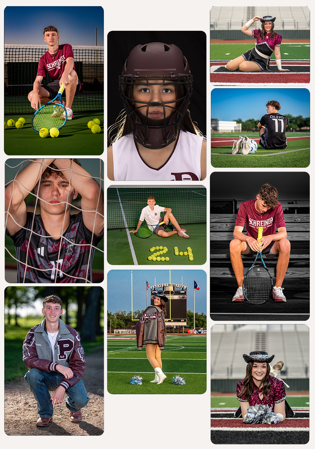 Sports portrait photography collage featuring tennis, softball, soccer, and dance athletes